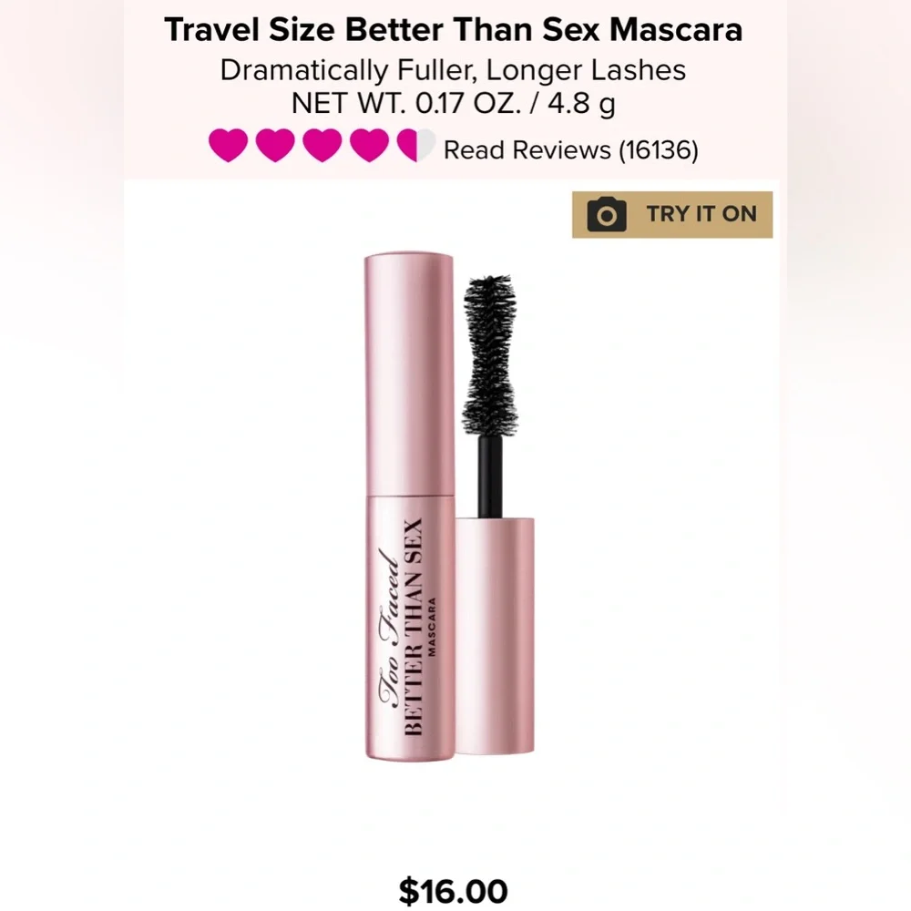🎀 PICK 5/$25 Too Faced Travel Size Better Than Sex Mascara 0.17 oz